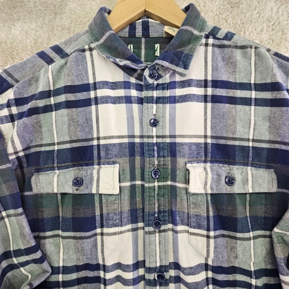 Vintage 90s L.L. Bean Flannel Shirt Mens XL Heavy Cotton Green Blue Tartan Plaid